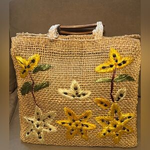 Vintage Handcrafted Yellow Floral Straw Tote Bag